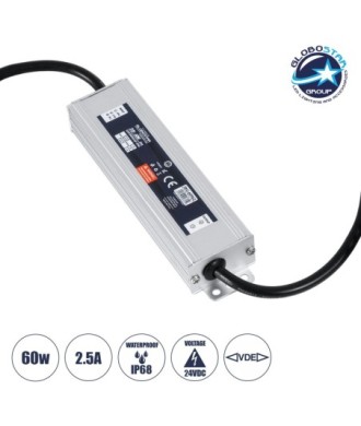 GLOBOSTAR® LUMISPLASH 60962 Τροφοδοτικό-Μετασχηματιστής Class II SELV 60W 2.5A DC 24V Αδιάβροχο IP68 - AC 220-240V σε DC 24V - Μ15 x Π3.5 x Υ2cm - 3 Χρόνια Εγγύηση